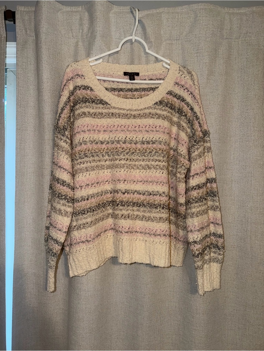 Women’s Pink, Cream, & Taupe Striped Crewneck Sweater